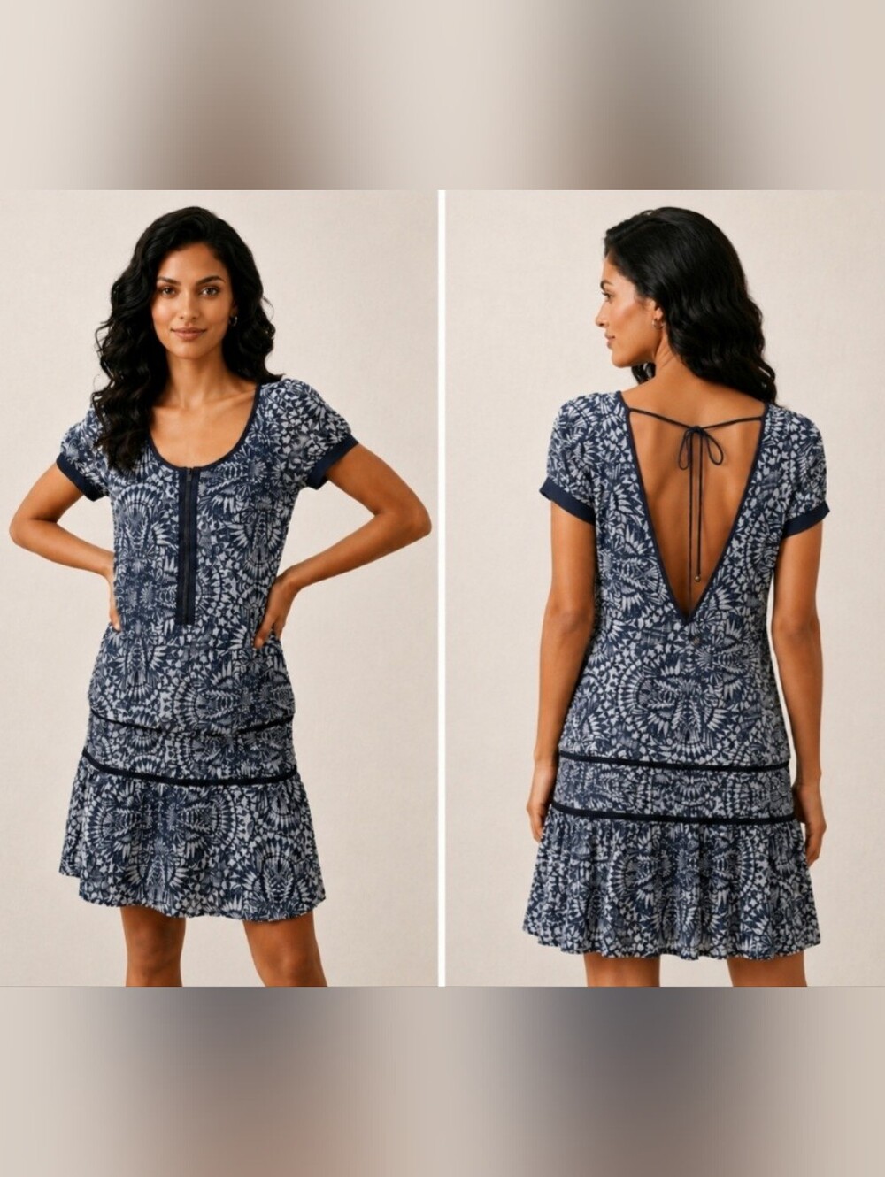 Marciano by Guess Printed Open Back Ruffle Mini Dress Grey Black White XXS